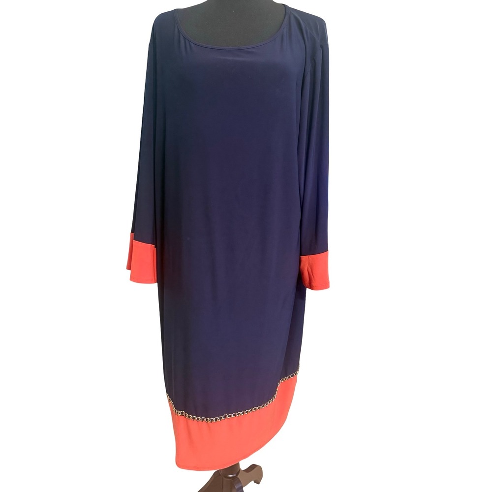 Dressbarn Womens 18 Navy Blue Coral Colorblock Chain Trim Midi Dress Long Sleeve